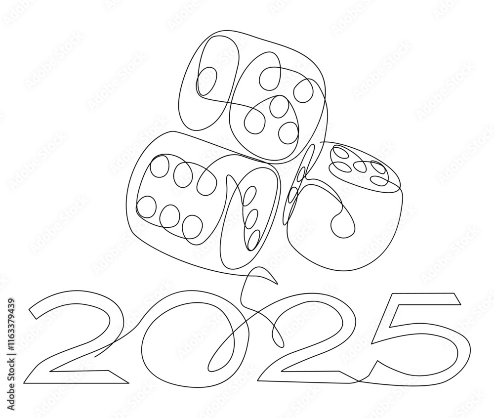 Poster one continuous line of dice with number 2025. thin line illustration vector concept. contour drawing
