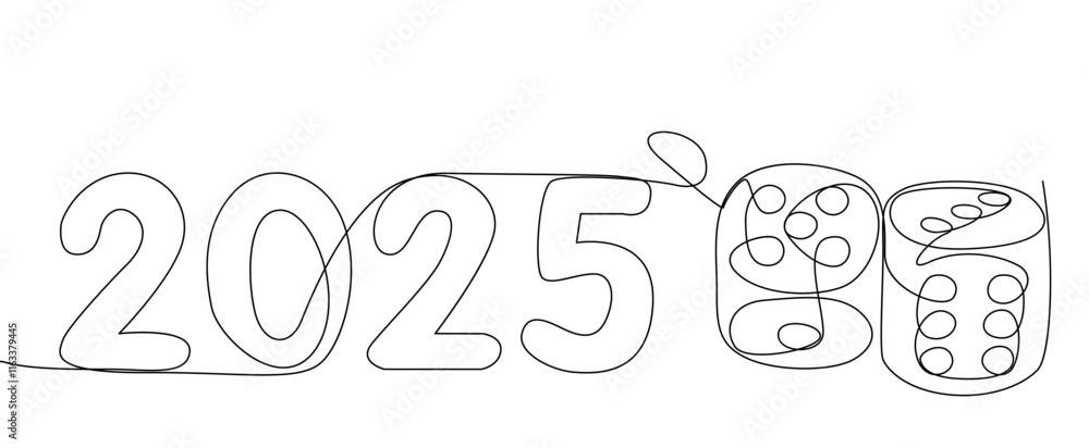 Poster one continuous line of dice with number 2025. thin line illustration vector concept. contour drawing
