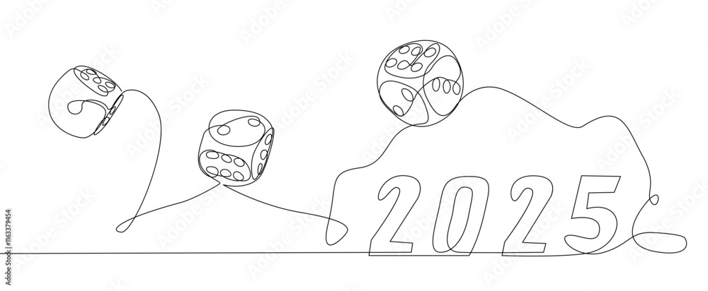 Poster one continuous line of dice with number 2025. thin line illustration vector concept. contour drawing