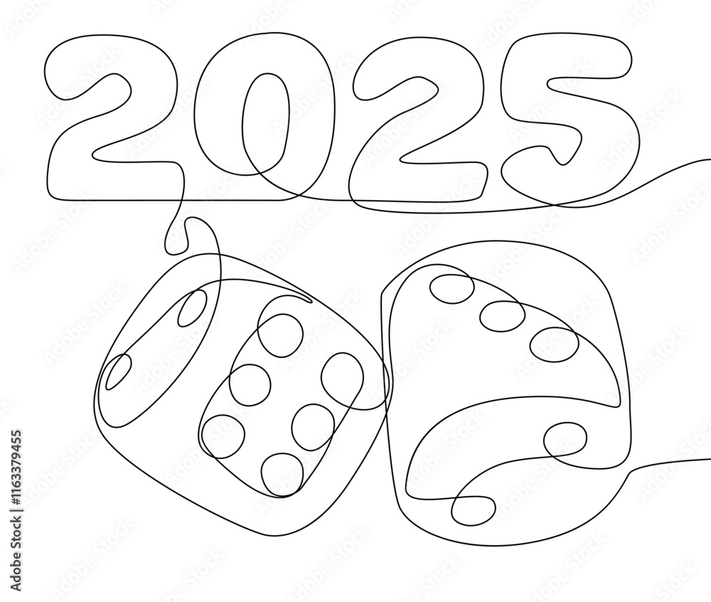 Poster one continuous line of dice with number 2025. thin line illustration vector concept. contour drawing