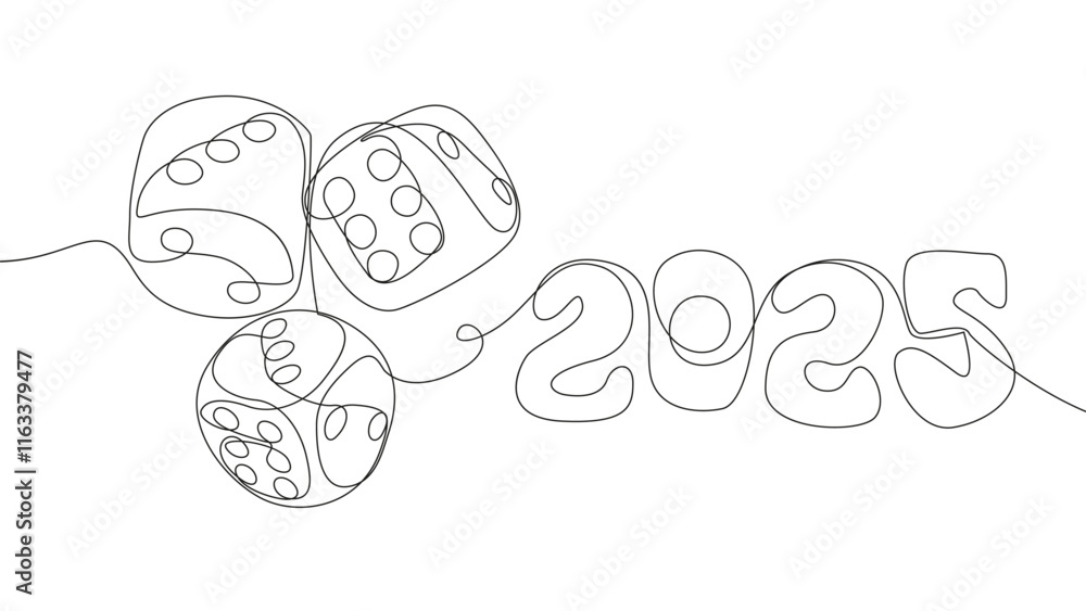Poster one continuous line of dice with number 2025. thin line illustration vector concept. contour drawing
