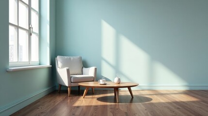 Serene Minimalist Room Interior Design with a Comfortable Armchair and Wooden Coffee Table in Soft Light
