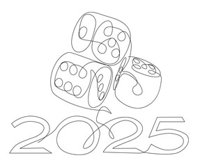 One continuous line of dice with number 2025. Thin Line Illustration vector concept. Contour Drawing Creative ideas.