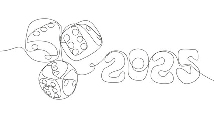 One continuous line of dice with number 2025. Thin Line Illustration vector concept. Contour Drawing Creative ideas.