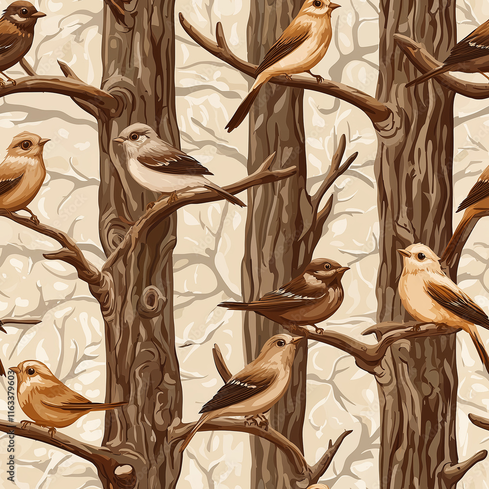 Poster nature-inspired fabric design featuring birds perched on branches against a subtle textured backgrou