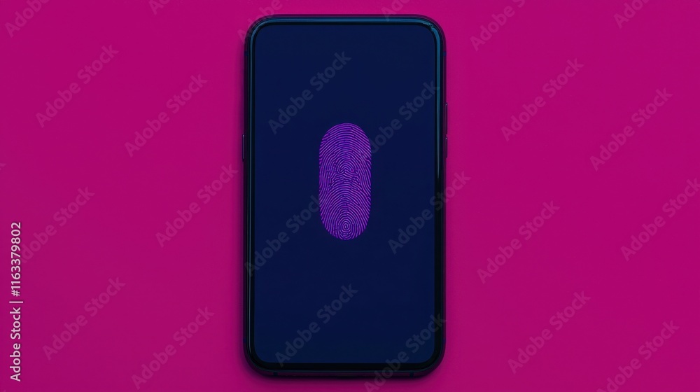 Aufkleber register for account setup confirmation. smartphone displaying fingerprint scanner on a vibrant back