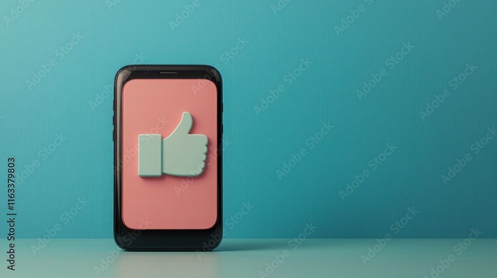Poster register for account setup confirmation. mobile phone displaying a thumbs-up icon on a teal backgrou