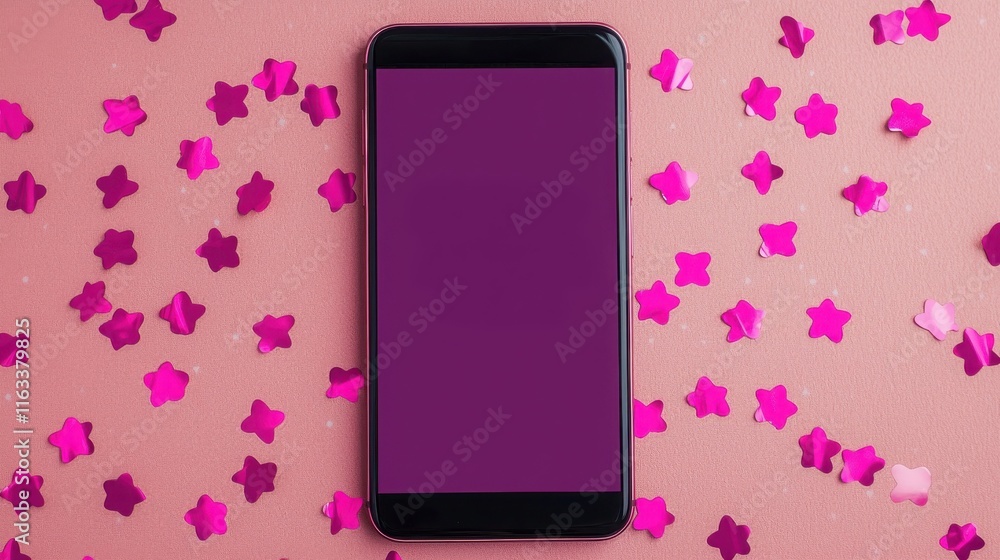 Aufkleber register for account setup confirmation. smartphone on a pink confetti background with empty screen.