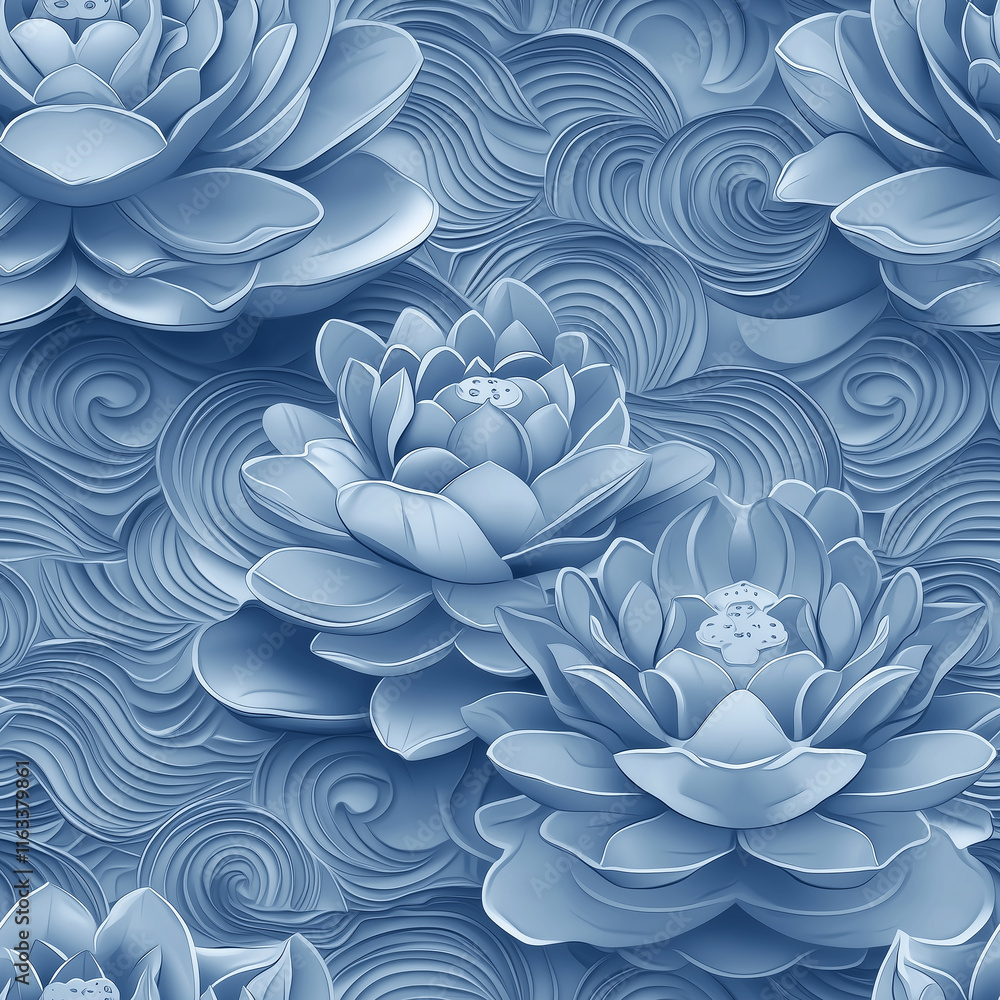 Poster blue lotus flowers with intricate textures set against a wavy background, creating a serene and calm