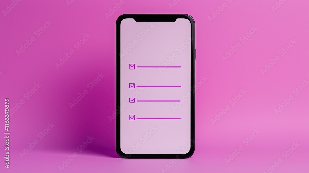 Poster register for account setup confirmation. smartphone displaying a checklist on a vibrant pink backgro