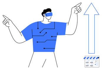 Person in VR headset with circuit pattern shirt pointing upwards towards arrow indicating growth and online store icon. Ideal for technology, innovation, virtual reality, progress, e-commerce, online