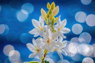 Fototapeta premium Delicate White Flower Against a Sparkling Blue Background with Ethereal Bokeh Effect Creating a Dreamy Nature Scene Perfect for Floral and Aesthetic Themes
