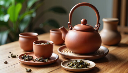 Terracotta teapot set with tea leaves on wooden table