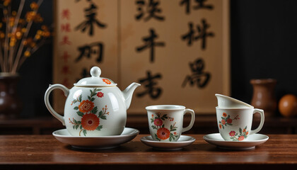 Fototapeta premium Traditional Chinese floral tea set with calligraphy backdrop