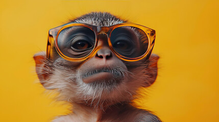 Cute monkey wearing oversized glasses against a vibrant yellow background, showcasing a quirky personality and playful charm in an adorable portrait