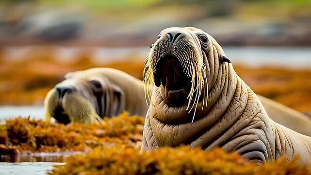 two walruses  laying on  seaweed  in the Arctic