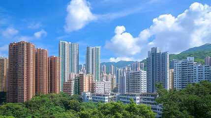 Modern apartment building with green trees. PNG Office building architecture housing diagram.
