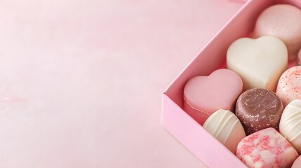 some chocolate shapes in a pink box for valentine's day with love theme, Generative AI 