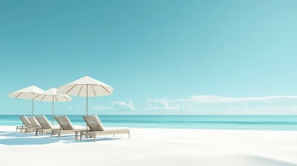 Obraz premium Tranquil Beach Scene with White Umbrellas and Loungers