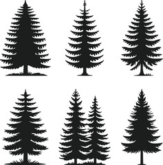 Collection of Pine Tree Silhouettes Vector Illustration