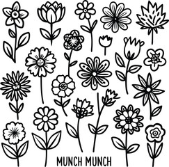 set consistent line art flowers meadow mu silhouette vector