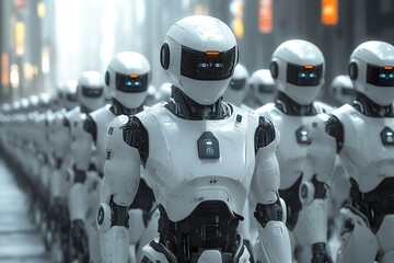 Fototapeta premium A line of white robots marches forward in a city
