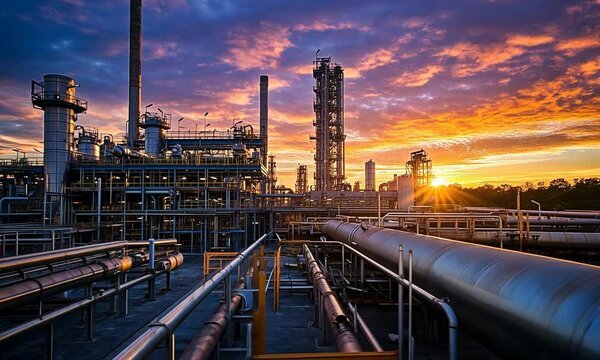 Sunset over industrial refinery plant with pipelines.