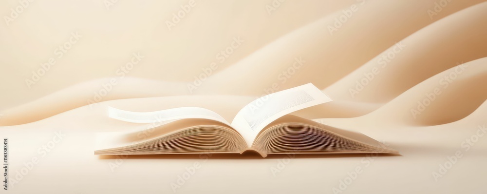 Poster 3d minimalist book icon with flowing abstract pages artistic display warm environment modern aesthet
