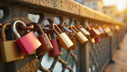 Row of golden love locks on sunny bridge railing