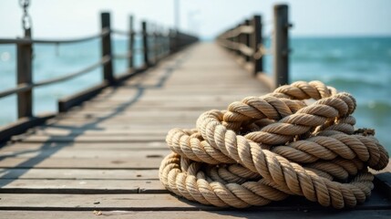 A thick coil of nautical rope rests on a weathered wooden pier extending over tranquil ocean waters