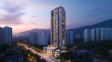 Obraz premium A Neon-Lit Cityscape with Towering Buildings Reflective skyscrapers, business office buildings.