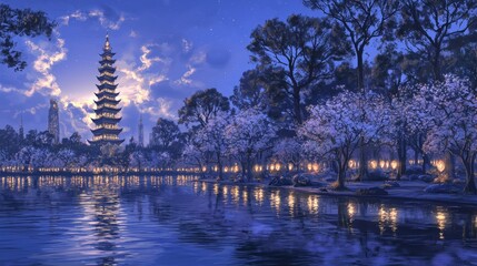 Serene Night Scene Pagoda Blossoming Trees Calm Lake