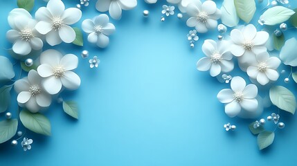 White Flowers and Pearls on a Blue Background