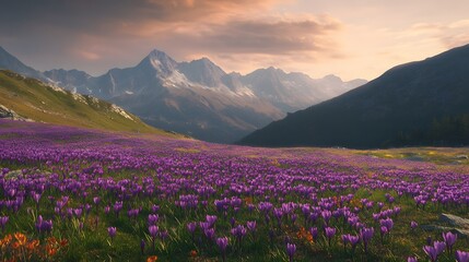 Mountain Meadow Sunset Crocus Bloom Landscape