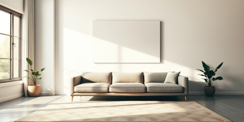 Modern living room with neutral tones and sunlight streaming through a window