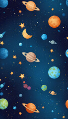 Celestial Wonderland A whimsical and charming seamless pattern featuring planets, stars, and a crescent moon against a dark blue starry background.