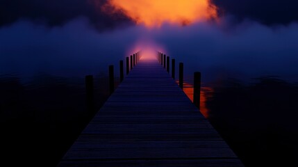 Serene Sunrise Over a Pier Surrounded by Misty Waters, Illuminating Pathway Leading into a Dreamlike Landscape of Calm Reflections and Vibrant Colors