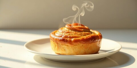 Warm, golden-brown pastry on a plate, emitting steam, bathed in sunlight