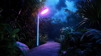 Obraz premium Illuminated Pathway Through Lush Tropical Jungle at Night with Colorful Lights, Starry Sky, and Dense Vegetation Offering a Mystical Atmosphere for Adventure and Exploration