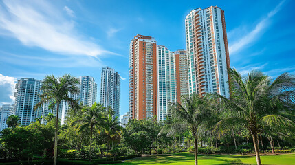 CBD landscape of Yiwu City, Zhejiang Province, China City Skyline Under Blue Sky and White Clouds 

