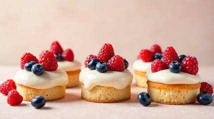 Delectable mini cakes adorned with a luscious creamy topping, and a delightful medley of fresh raspberries and blueberries, creating a visually appealing and appetizing dessert presentation.