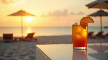 Sunset Beachside Refreshment A Tropical Cocktail at Golden Hour on a Sandy Shore with Lounge Chairs