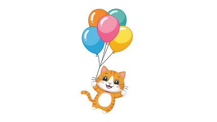Playful cat holding colorful balloons cheerful scene digital art whimsical environment fun concept