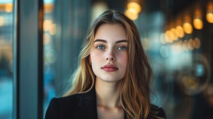 Fototapeta premium Portrait of modern businesswoman wearing suit, AI generated image