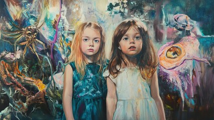 Surreal Portrait of Two Young Girls in a Dreamlike Setting