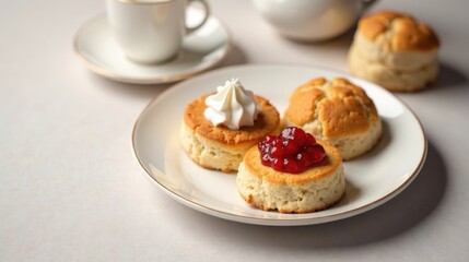 Delightful Afternoon Tea Featuring Golden-Brown Scones with Sweet Cream and Berry Preserves Served on Elegant Porcelain