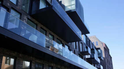 Modern urban architecture showcasing sleek balconies and innovative design against a clear blue sky in a contemporary city landscape