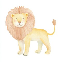 Obraz premium Animal safari Concept. Cute cartoon lion with a fluffy mane, showcasing a friendly expression in a soft color palette. watercolor style, isolated on white background