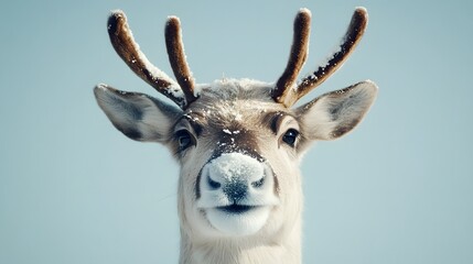 Naklejka premium A snowy reindeer portrait against a pale blue sky