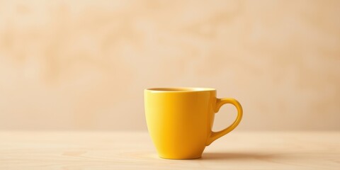 Obraz premium A single vibrant yellow mug sits on a pale wooden surface against a soft beige backdrop